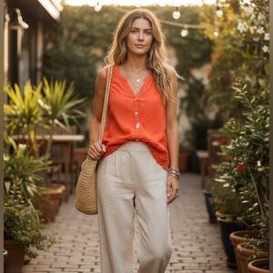 Fig and Flower Burnt Orange Sleeveless Lace Back Eyelet Hem Button Down Blouse L